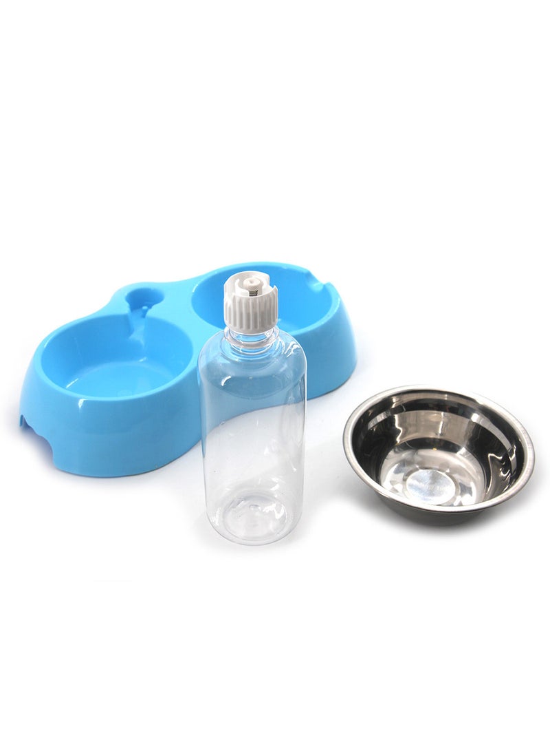 Auto Feeding Double Water Bowl Blue/Silver/Clear